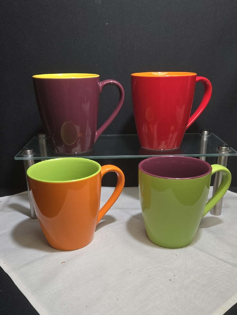 Mikasa Gourmet Basics Two-Tone  Mugs Set Of Four Lime, Red, Orange & Marroon.